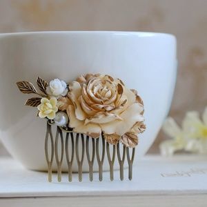 Rose hair comb in antiqued gold and ivory